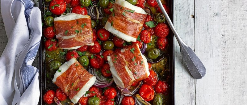 Cod, cherry tomato and green olive tray roast